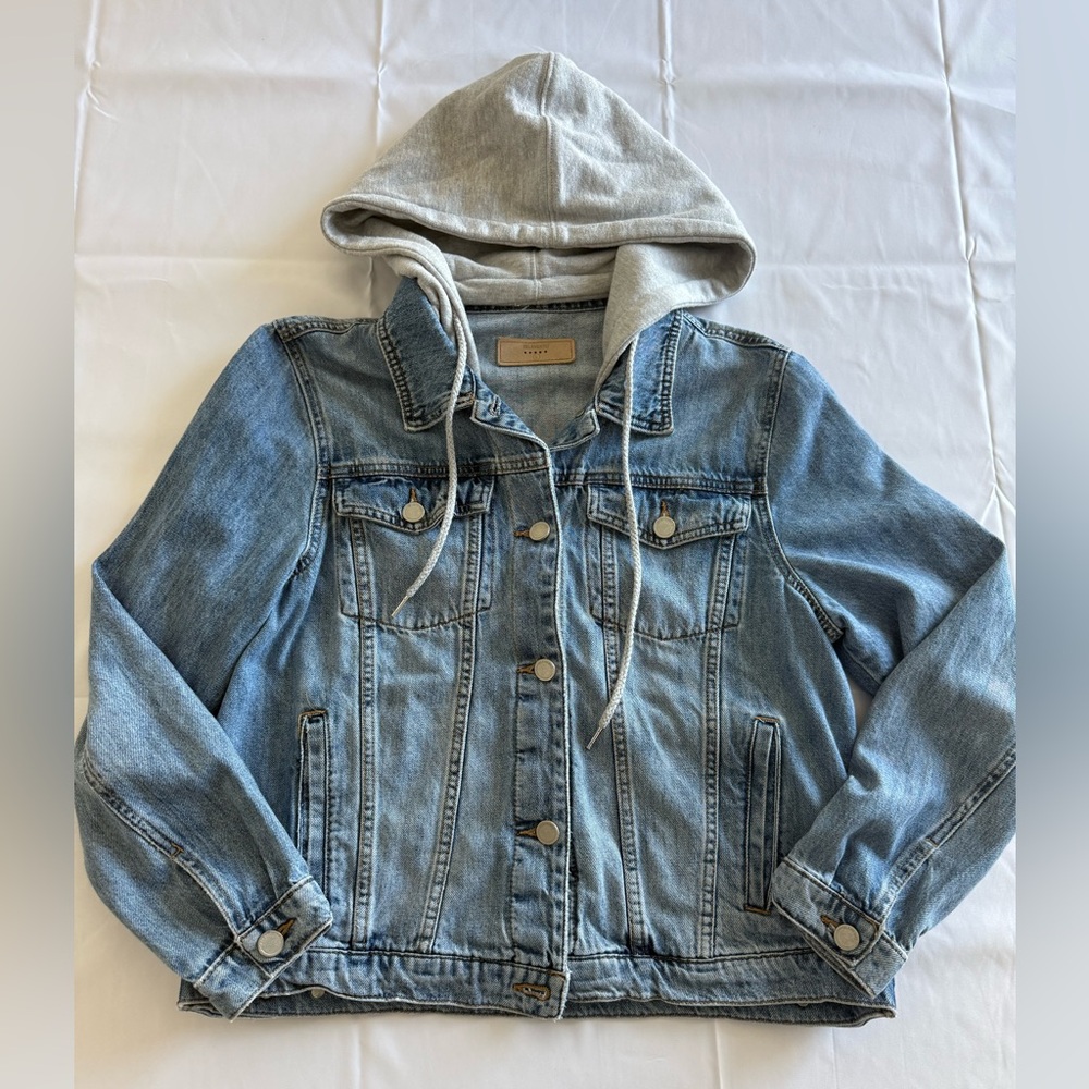 Blank NYC Light Blue Denim Jacket with Gray Hoodie Liner